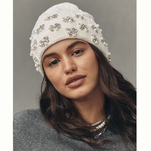 💎Anthropologie Checkered Embellished Crystal Beanie Maeve NEW O/S Cream